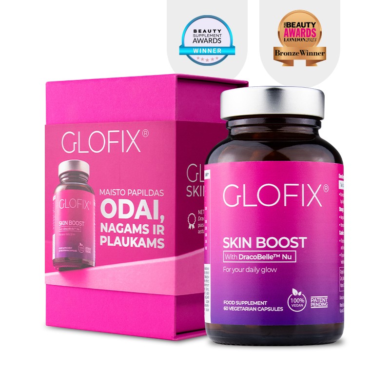 Maisto papildas DĖŽUTĖJE GLOFIX® vitaminai, mineralai, antioksidantai odai ir plaukams „SKIN BOOST“ (1 mėnesio kursas)