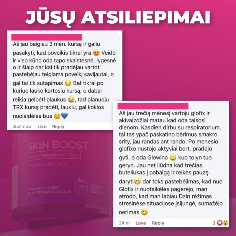 Maisto papildas DĖŽUTĖJE GLOFIX® vitaminai, mineralai, antioksidantai odai ir plaukams „SKIN BOOST“ (1 mėnesio kursas)