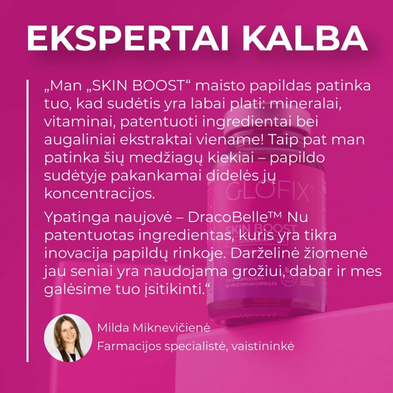 Maisto papildas DĖŽUTĖJE GLOFIX® vitaminai, mineralai, antioksidantai odai ir plaukams „SKIN BOOST“ (1 mėnesio kursas)